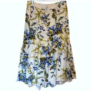J by Joie Floral Linen Midi Skirt Womens Medium Ivory Blue Tiered A-Line Casual
